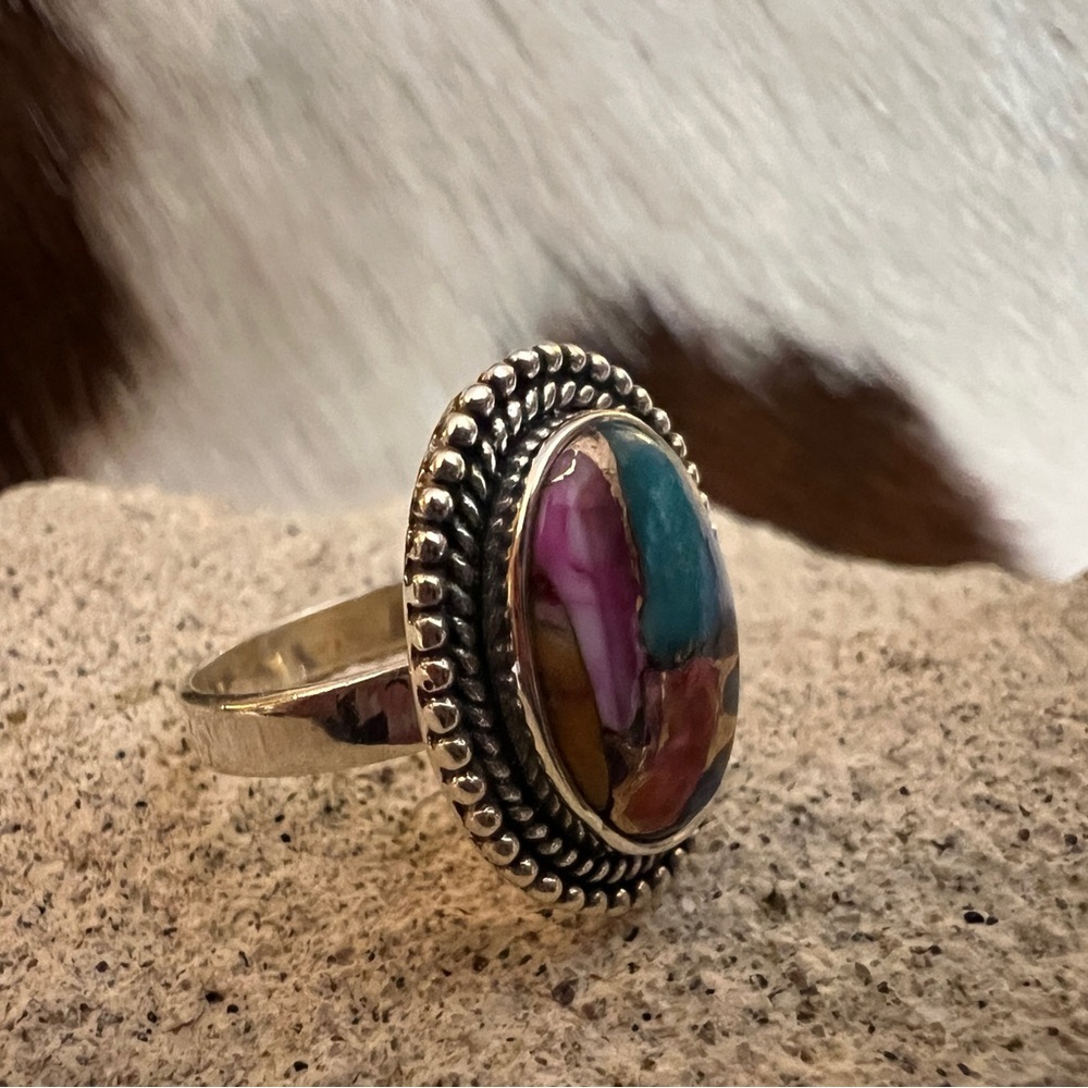 ❤️ Kingman Pink Spiny Oyster Turquoise / Pink Dahlia Navajo Sterling Ring Size 5 - Picture 3 of 15